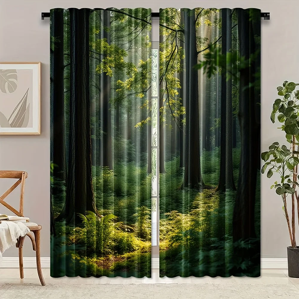 Elegant Lush Forest Wallpaper Curtains Window Drapes Realistic Woodland Jungle Green Botanical Pattern Home Decor Sunlight Filte