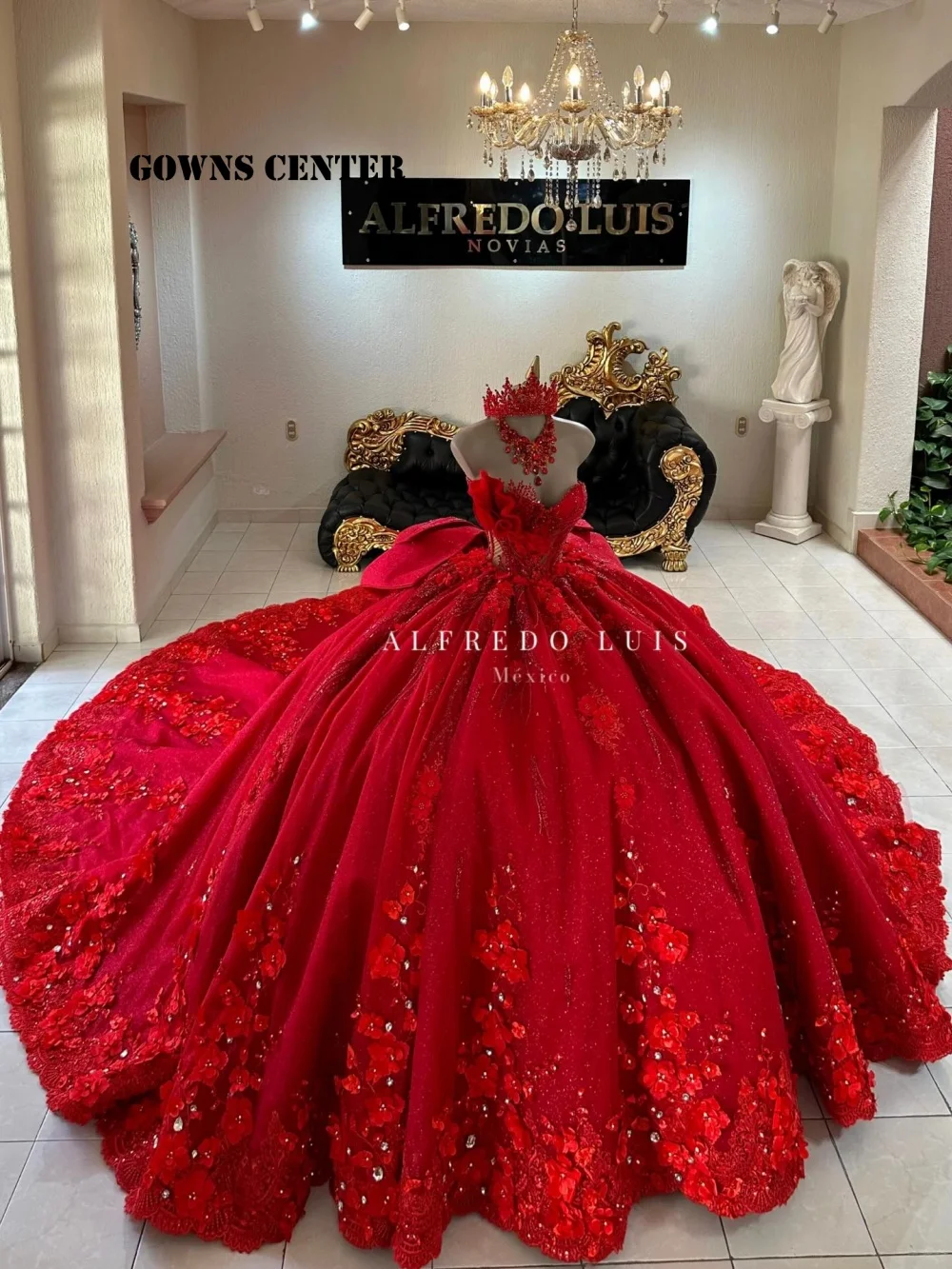 

Red 3D Flowers Ball Gown Quinceanera Dress With Bow Beaded Appliques Sweet 15 Vestidos De 15 Años Mexica Customized