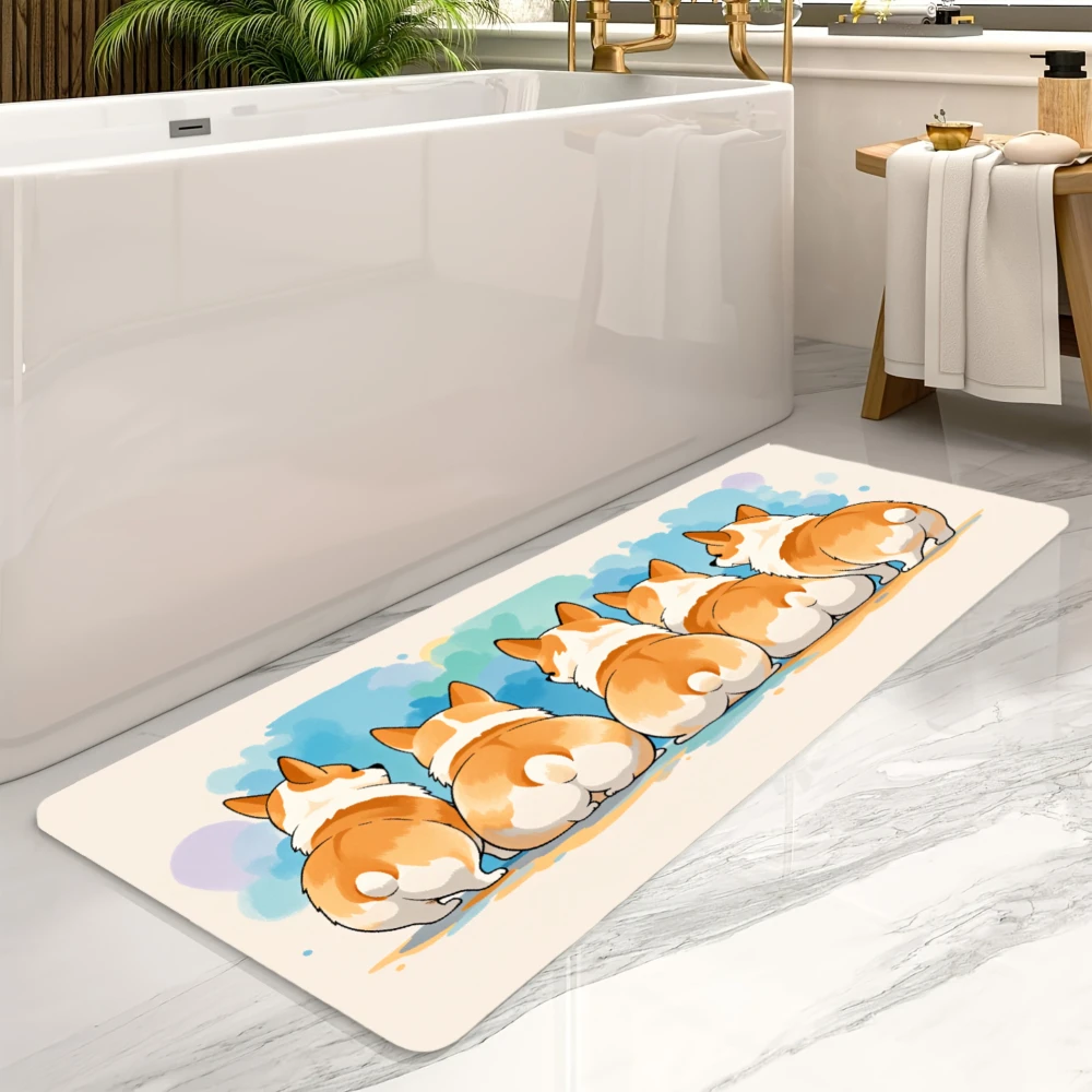 Cute Corgi Butt Print Kitchen Mat, Non-Slip Soft Absorbent Long Floor Rug with Cartoon Dog for Pet Lovers Home Decor