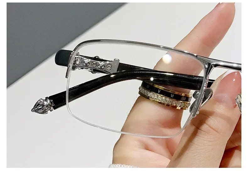 Modische Halbrahmen-Lesebrille für Männer und Frauen, hochwertige Anti-Blaulicht-Ultraleichte Presbyopie-Brille, 0+100 bis+400 – Detail 11