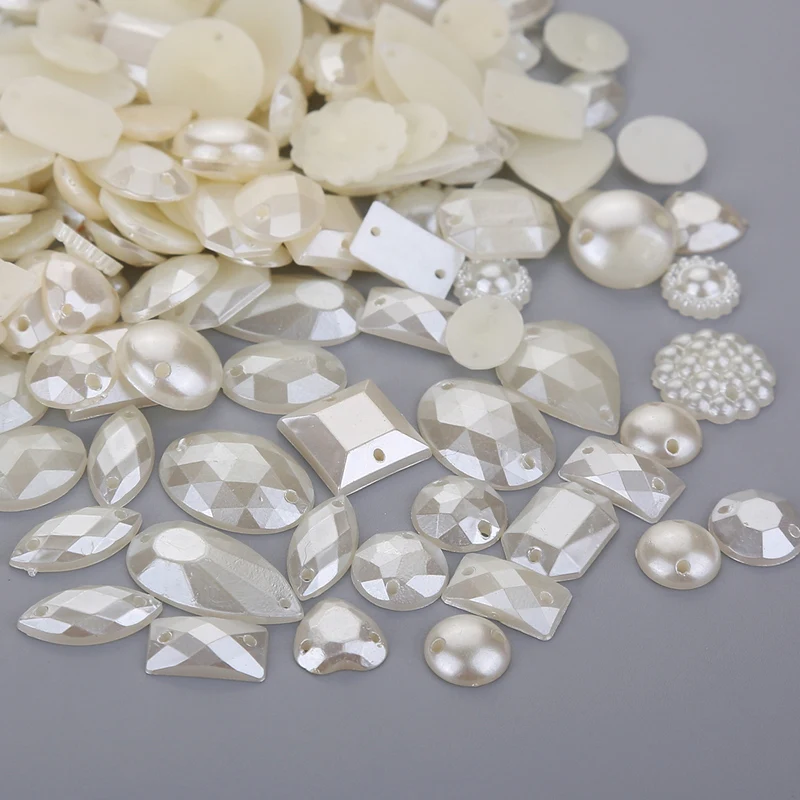 50-100pcs Mixed design Ivory Color Sewing Pearl Beads Sew On ABS Acrylic With Holes Flatback Half Round for Wedding Dress