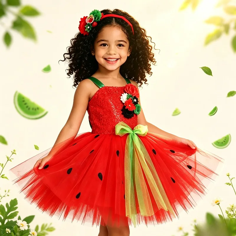 Baby Girls Red Strawberry Tutu Dress With Headband Kids Fruit Costume Birthday Carnival New Year Party Outfit