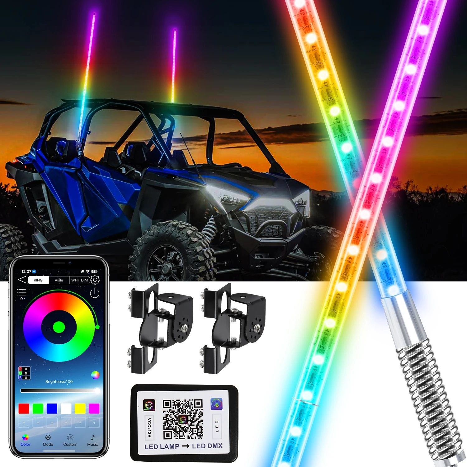 

2PCS 12V Car LED Whip Lights 72CM/28.7IN Flashing Antenna Lamp APP Control For UTV Off Road Truck Streamer Warning Ambient Light