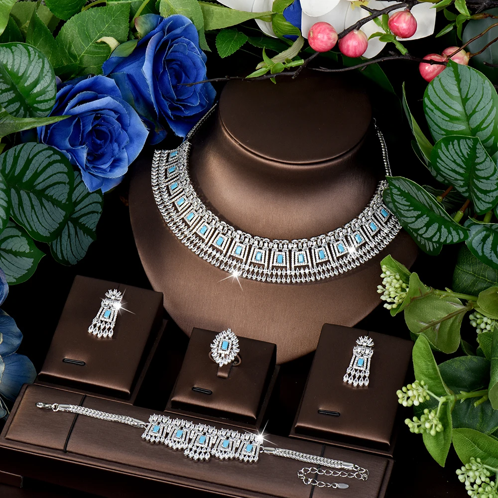 

HIBRIDE 4 Pcs Turquoise Necklace Earrings Ring Light Luxury Temperament Ladies Jewellery Set Prom Wedding Party Banquet S-777
