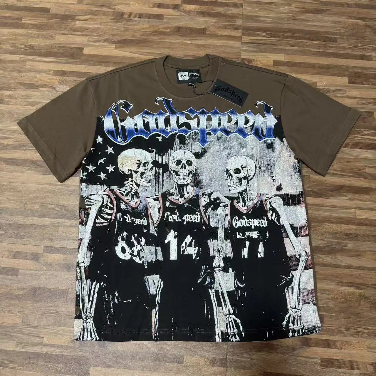 Godspeed American Basketball Match Print Trendy Retro High Street Heavyweight Loose Pure Cotton Short Sleeve T-Shirt