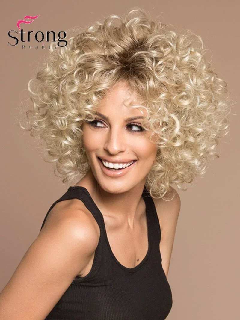 Strongbeauty damskie krótkie peruki z kręconymi włosami puszyste faliste blond włosy syntetyczne peruka stylowe peruki