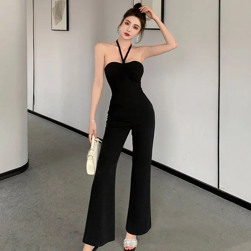 

Black neck jumpsuit women's new French slim slim high waist wide leg pants in the summer of 2023