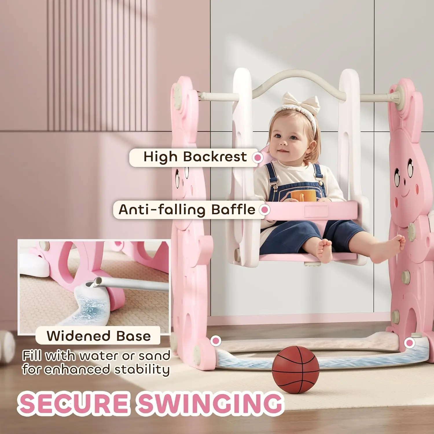 Juego de columpio y tobogán para niños pequeños 4 en 1, juego para niños de 1,5 a 4 años, parque infantil con tobogán para niños con temática de conejo con escalador, cesta Ho
