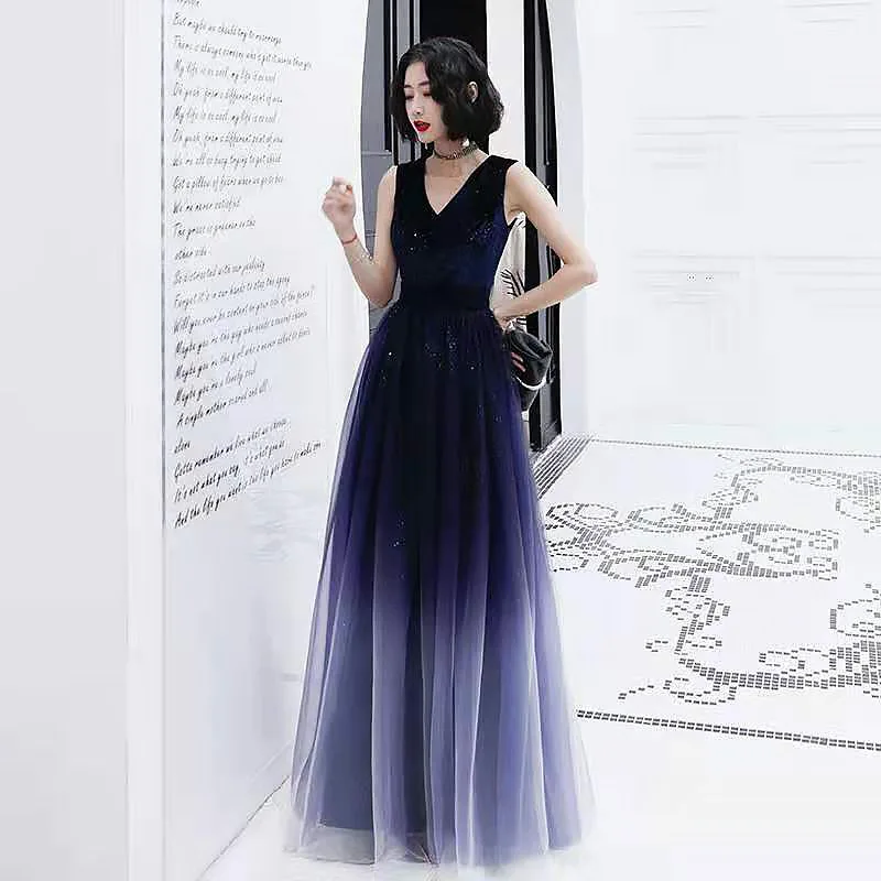 

Gradient Evening Prom Dresses Luxury Sequines Wedding Party Gowns Sleeveless V-Neck A-Line Formal Vestidos