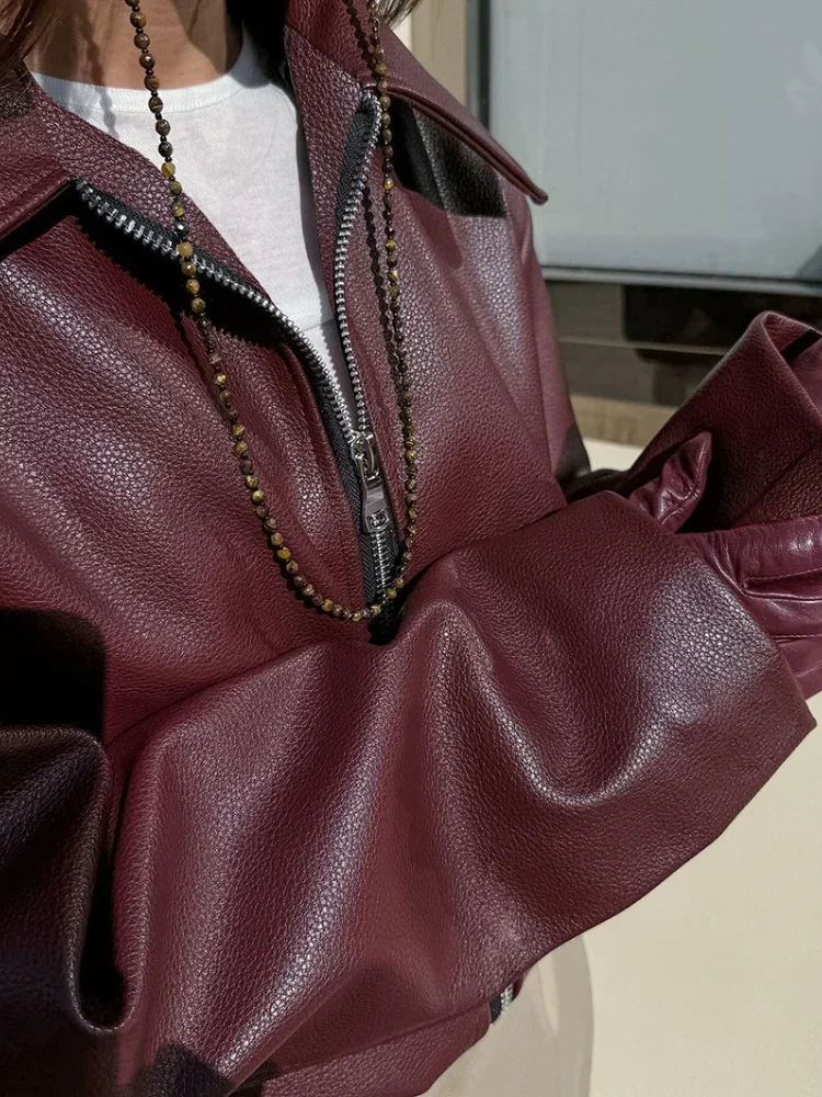 Wine Red Faux Leather Fashion Outerwear 2024 Thicken Zipper Turn Down Collar Pu Coats Winter Street Style Ladies Top