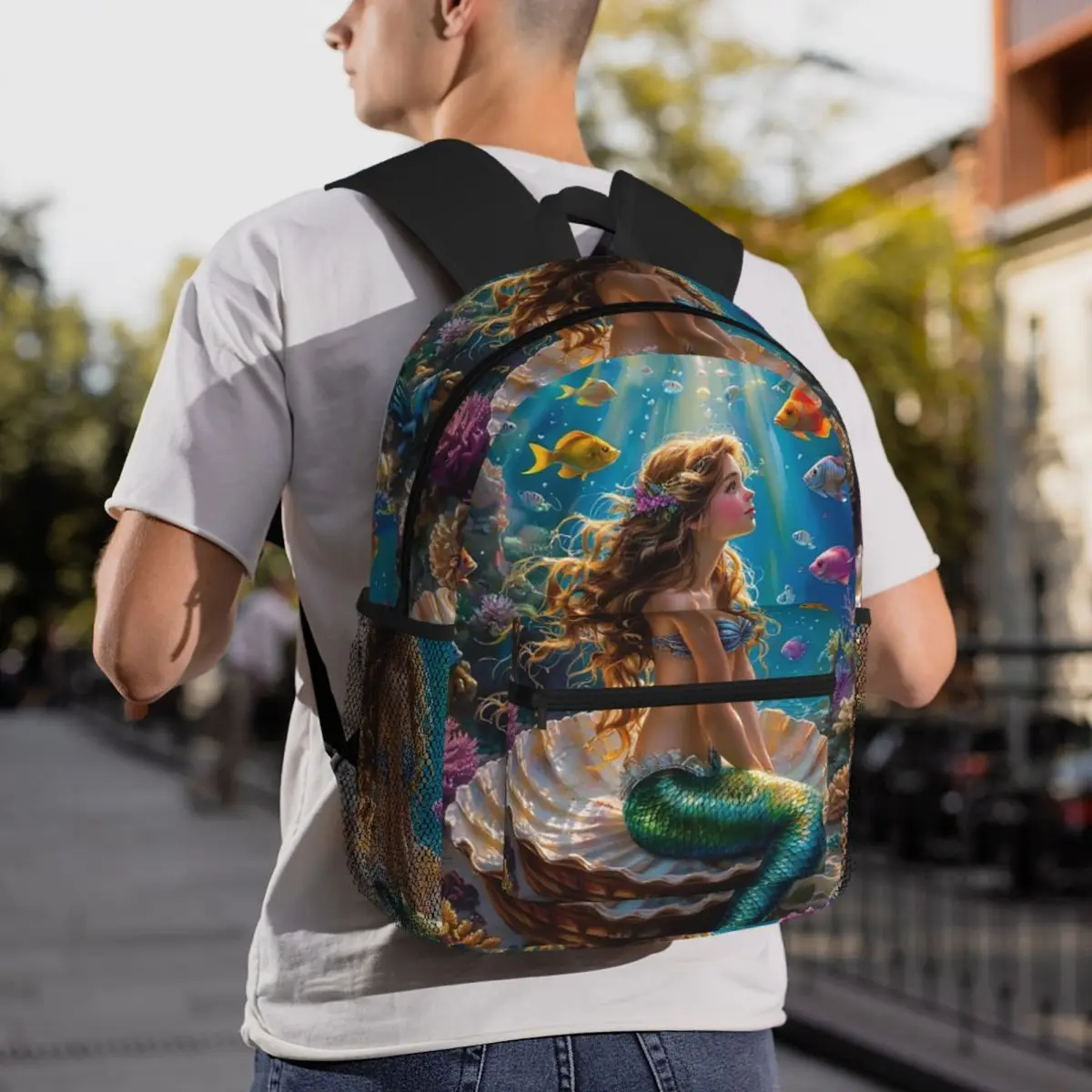 Cartoon Mermaid Dolphin Print Backpack Student BookBag Kids School Bag Computer Shoulder Bags for Men Women
