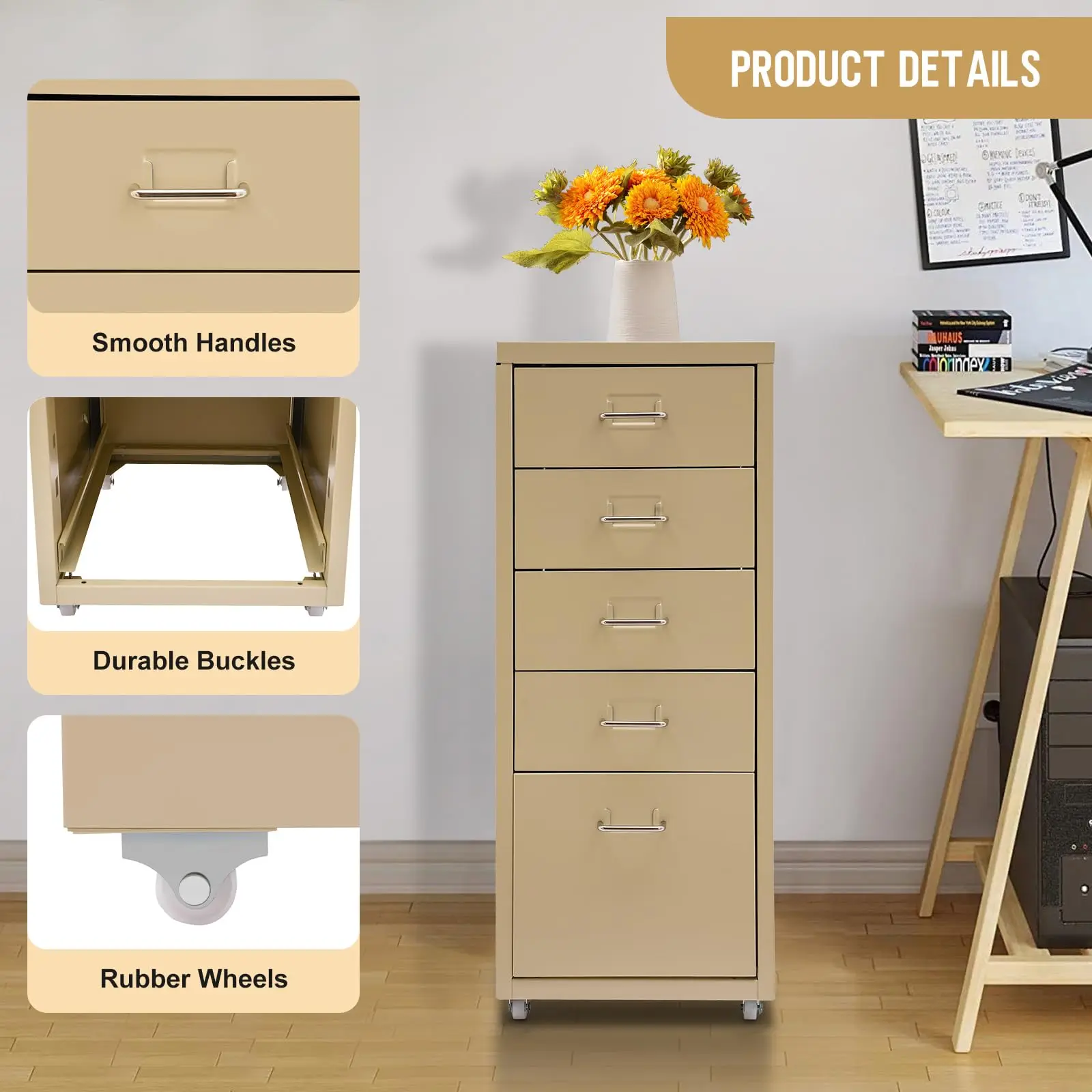 خزانة تخزين الملفات المعدنية، 5 أدراج تحت خزائن الملفات المكتبية بعجلات، أثاث المكاتب المنزلية المتنقلة لـ A4 Legal/Letter Si