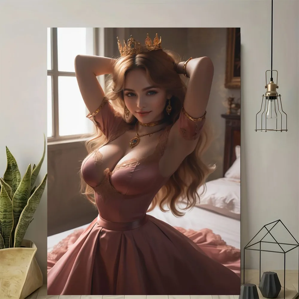 

Vintage tin sign, 2D flat regal woman in pink dress & crown wall art. Modern retro design, high-quality print for bedroom or liv