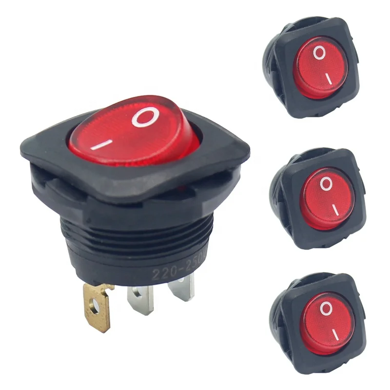 (1 Pack）250V 6A ON OFF 2 Position 3PIN 23mm Red Led Rocker Switch With Nut