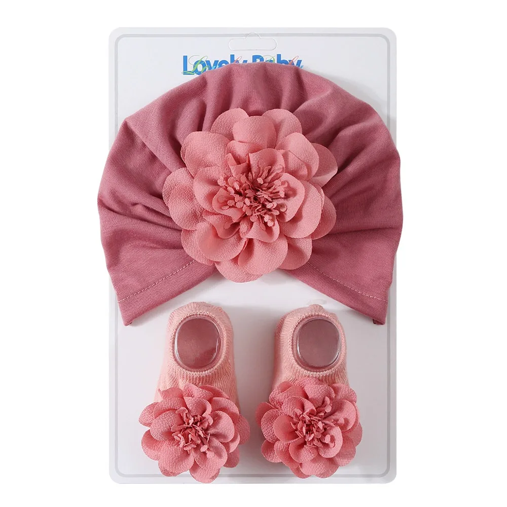2 pezzi/set calzini per cappelli per bambini con fiori primaverili estivi set cappello turbante elastico sottile berretti per neonati in cotone traspirante per ragazze appena nate