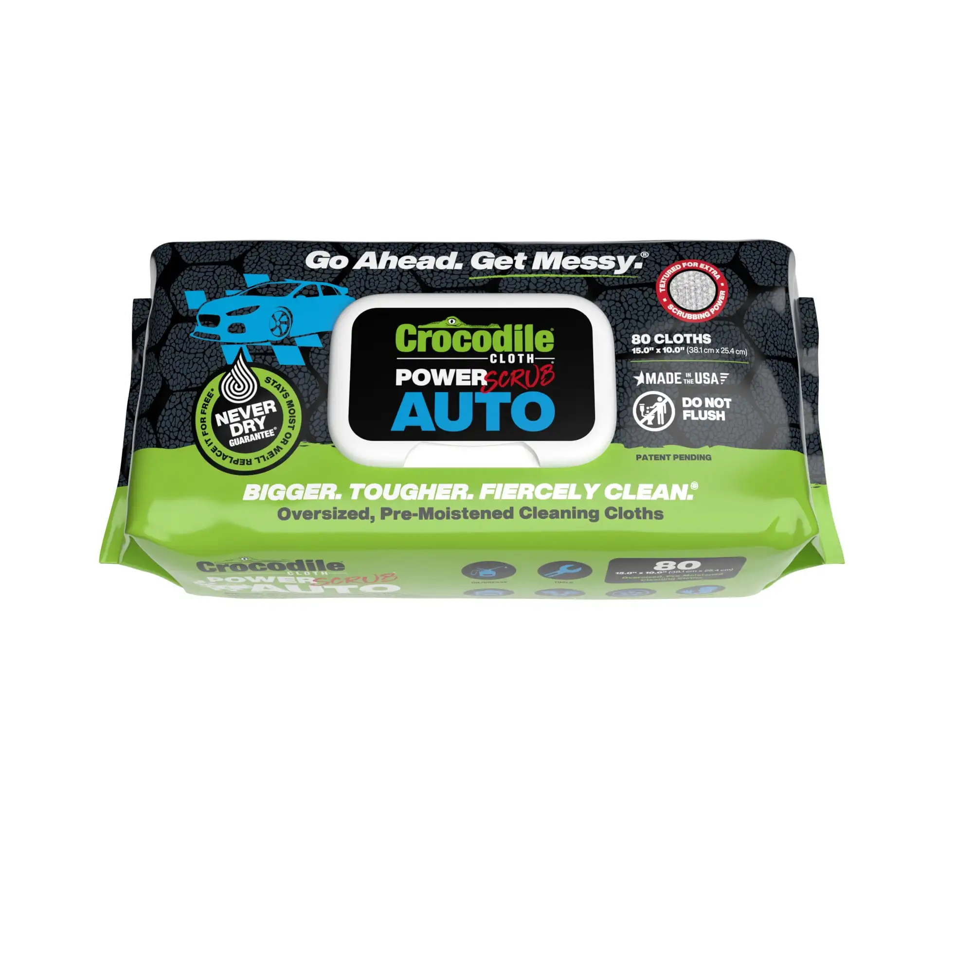Auto PowerSCRUB Cleaning Wipes, Large, Degreasing with Grit, 80 Count, 10 x 15 inches.