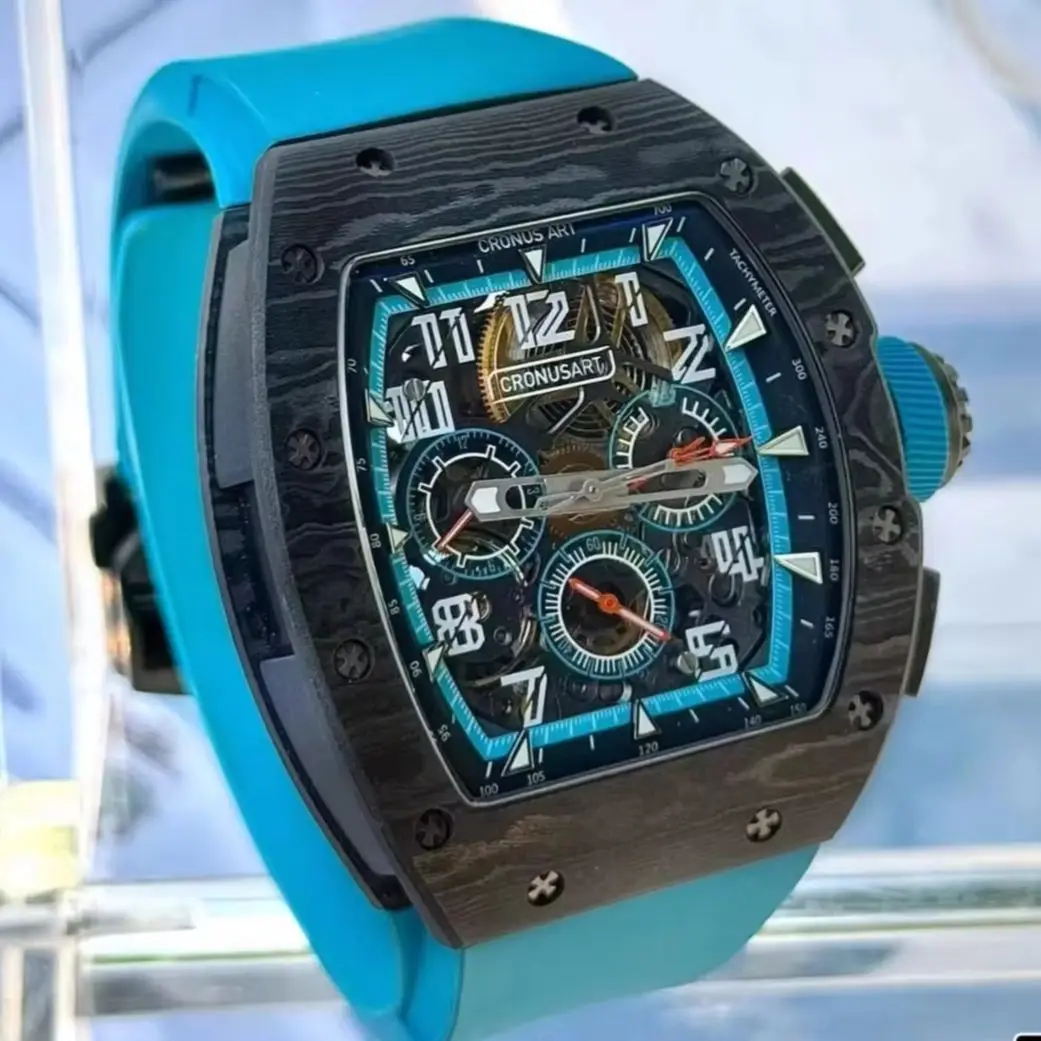 CRONUSART Men Chronograph Watch Tonneau Automatic Mechanical Wristwatch Carbon Fiber Sapphire Mirror Luminous FKM Strap Skeleton