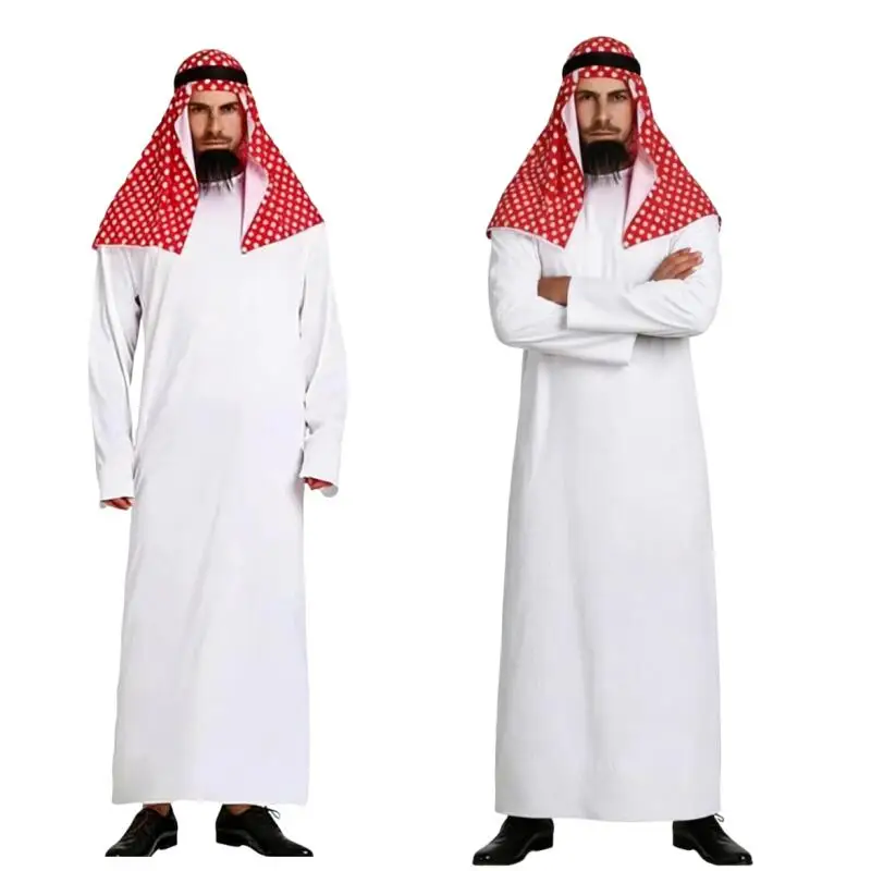 Middle Eastern Men Traditional Arab Men Robe Set With Headscarf Ghutra Igal And Fake Beard For Halloween Party Cosplay Costume