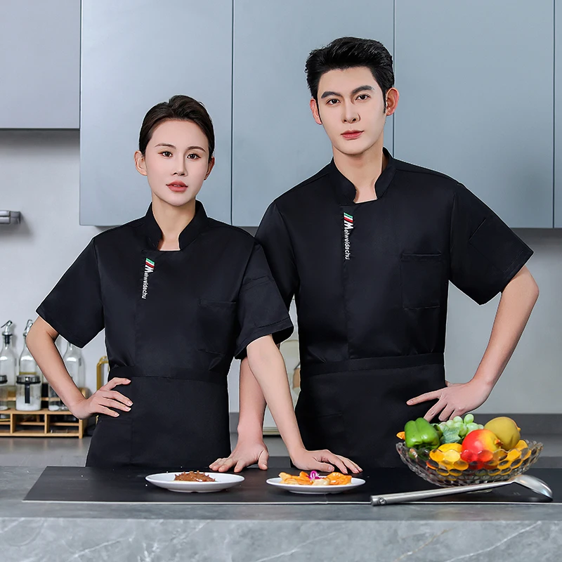 Uniforme de Chef blanc, manteau de Chef à manches courtes, T-shirt, veste de Chef d'hôtel, Restaurant, boulangerie, vêtements de cuisine respirants, Logo