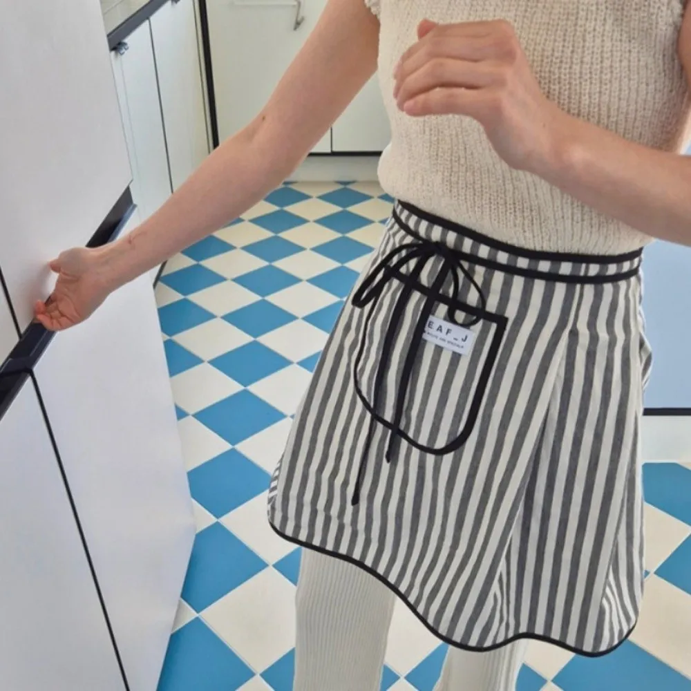 Striped Pattern Waist Apron With Pocket Short Length Tie-Belt Apron Anti-Dirty Fabric Tie-Belt Closure Half Apron