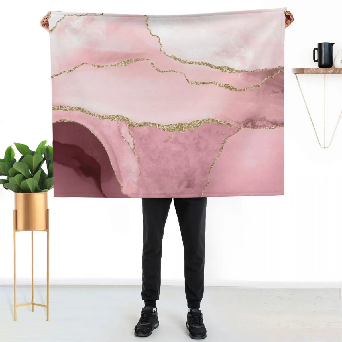 

Watercolor Agate, Blush Pink Burgundy Faux Gold Veins Throw Blanket Easy Care Comfortable Blanket for Couch