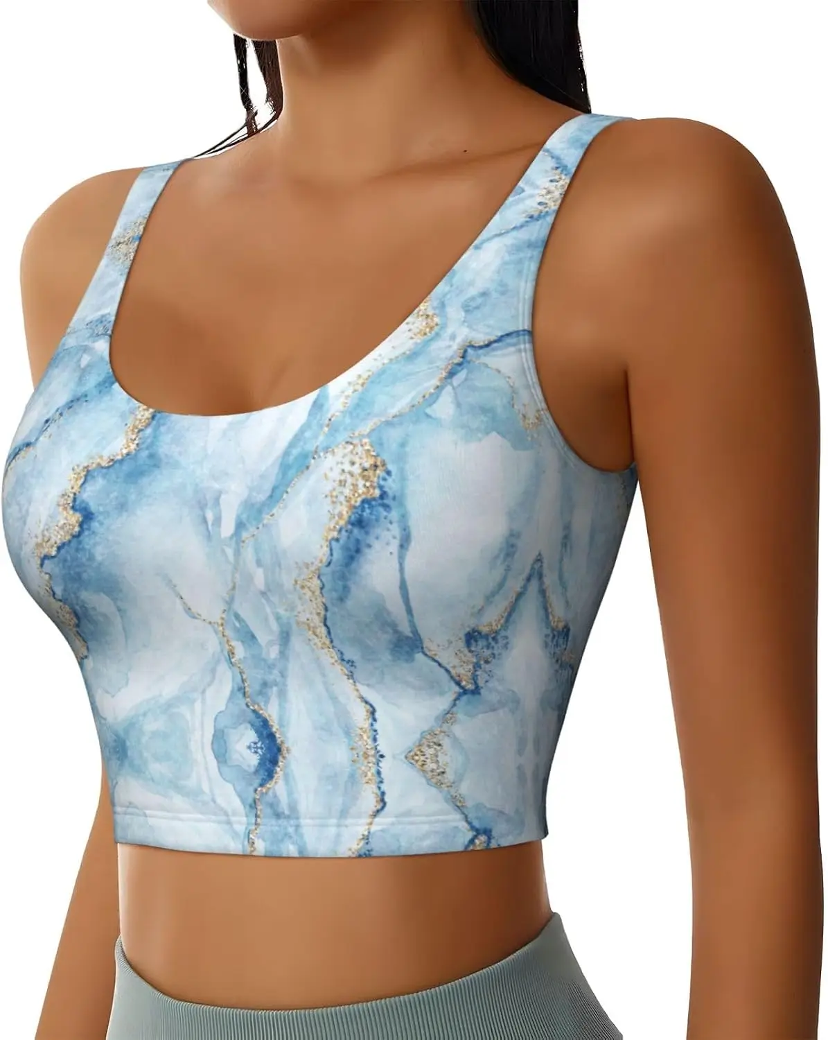 Women Blue Marble Gold Foil Print Crop Tank Top U Neck Sleeveless Slim Fit Short Camisole Watercolor Texture Vest Summer