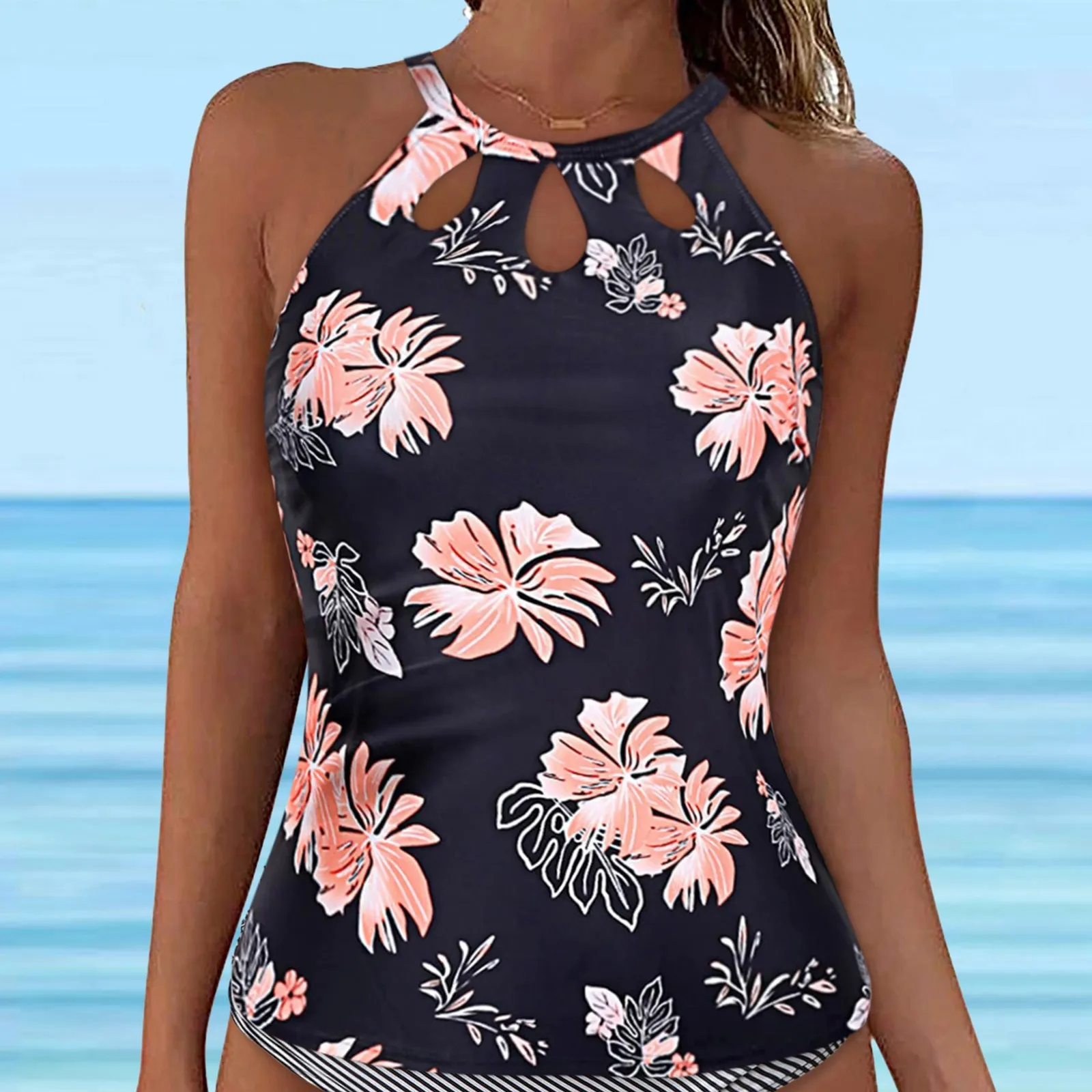 Women Retro Flower Printed Lace Up Swimwear Tankinis Tops Underwire Full Coverage Bikini Top Sexy Sleeveless Push Up Bikini