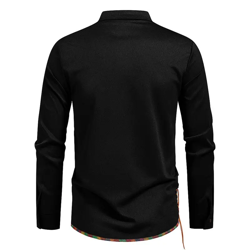 Unique Design Men's Long Sleeved Drawstring T-shirt, Black, Gray, Fashion Male Daily Casual Stand Collar Tee Shirts