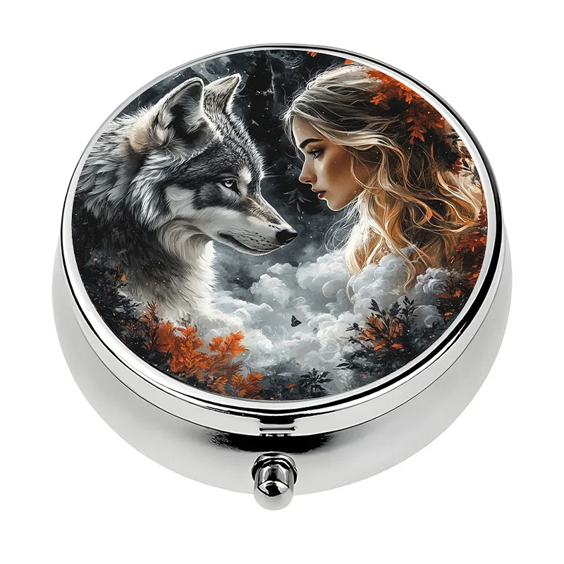 1 portable travel pill box, with 3 compartments, featuring a romantic scene of a wolf and a woman, pill organizer, unique gift, suitable for purses and travel, pill box for handbags, portable pill box, cute keychain pill box, pill box cover, travel pill box, beautiful pill box for handbags, pill bag, reusable pill bag, purse pill box, handbag pill box, pill storage, travel pill bag, pill capsule art, pill box bag, portable travel pill box, pill case, pill bag, portable travel pill box, cute pill box, travel pill box, daily medication storage, stylish pill box, compact design, durable metal casing, multi-compartment box, travel-friendly casing, frequent travelers, medication users