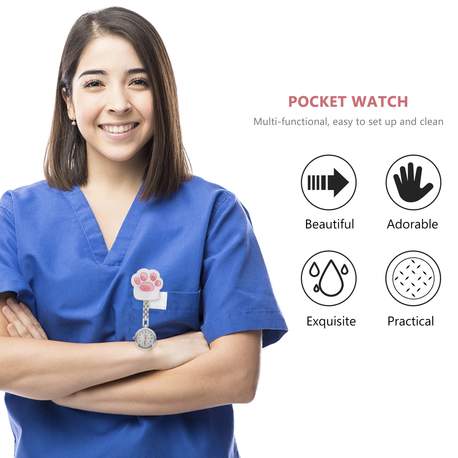 

1 Set Cat Paw Pocket Watch Stainless Steel Clip Design For Nurses Use Cartoon Chest Watch Clear Dial Accurate