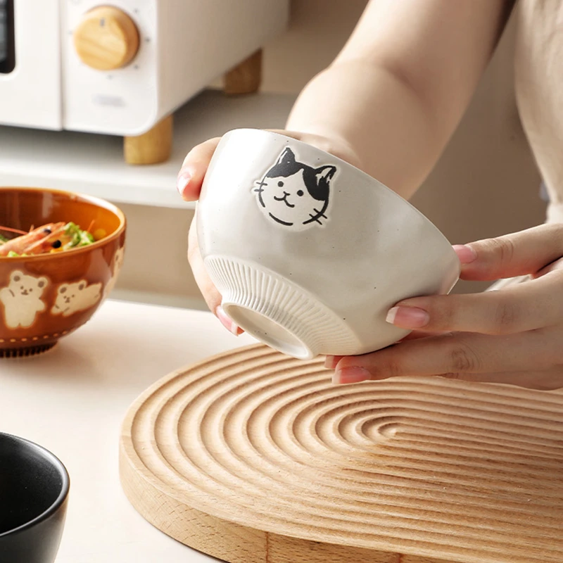 4.5 Inch Kawaii Bear Bowl Ceramic Kitten Rice Bowl Cartoon Cat Breakfast Oatmeal Milk Bowl Microwave Safe