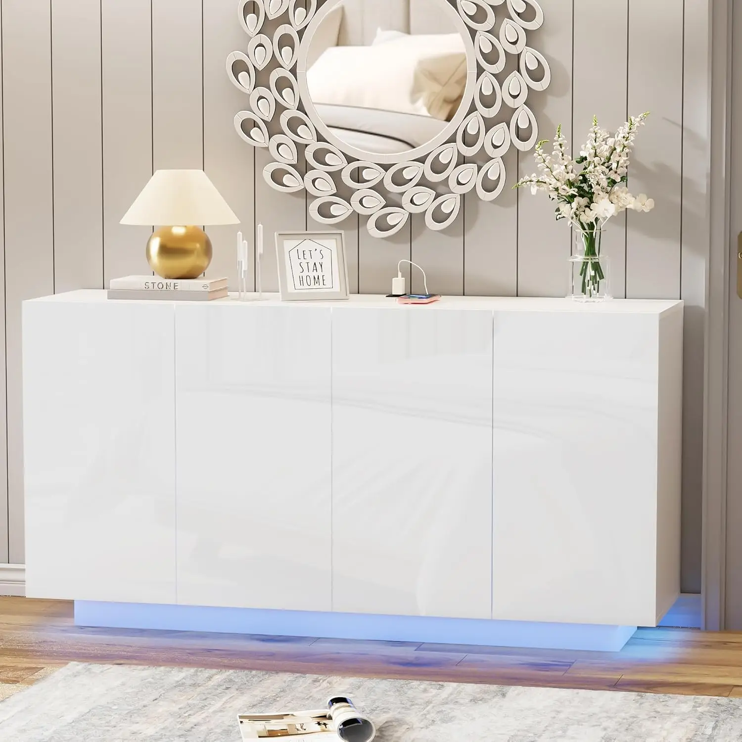 

White Buffet Cabinet with Lights 57.87'' Sideboard with Storage Coffee Bar with Charging Station Kitchen LED Buffet Cabinet