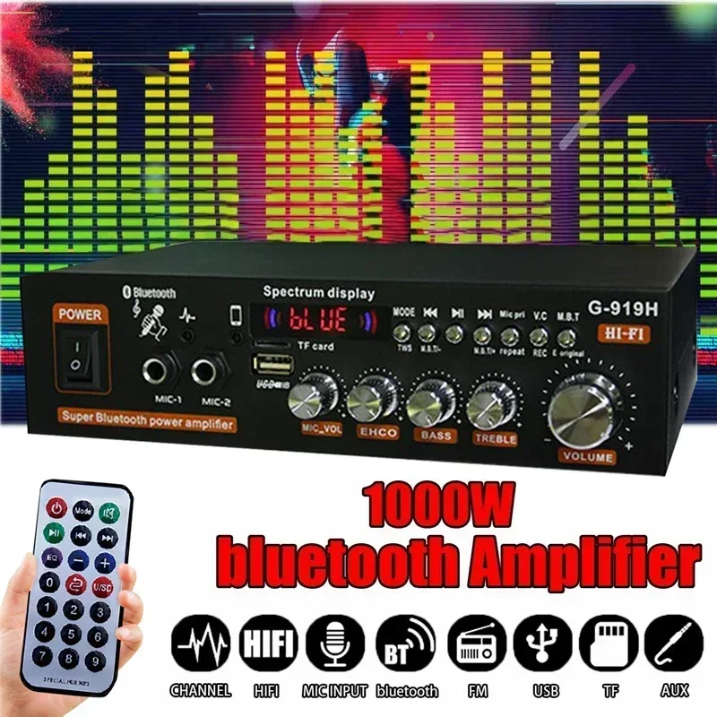 AK35/G919H 1000W Home Car Power Amplifiers 2 Channel Bluetooth Surround Sound FM USB Remote Control Mini HIFI Digital Stereo Amp