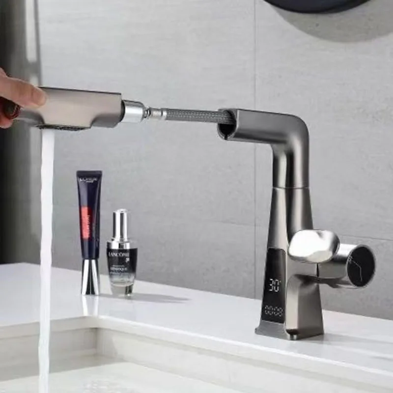 LED Digital Display Lift Pull Out Bathroom Basin Faucet Gray Brass Multifunctional Hair Wash Mouthwash Hot And Cold Mixed Tap