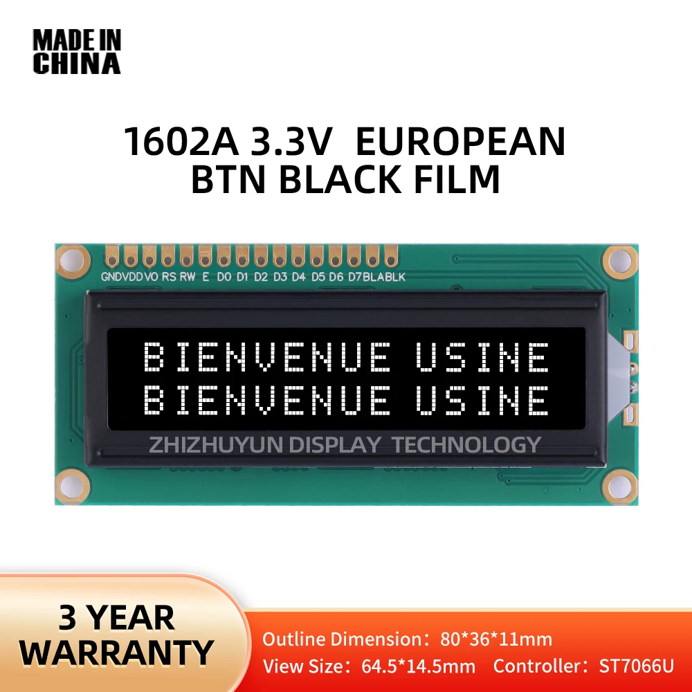 1602A 3.3V modulo LCD a caratteri europei monocromatico BTN pellicola nera Controller a caratteri bianchi ST7066U 16*2 monocromatico