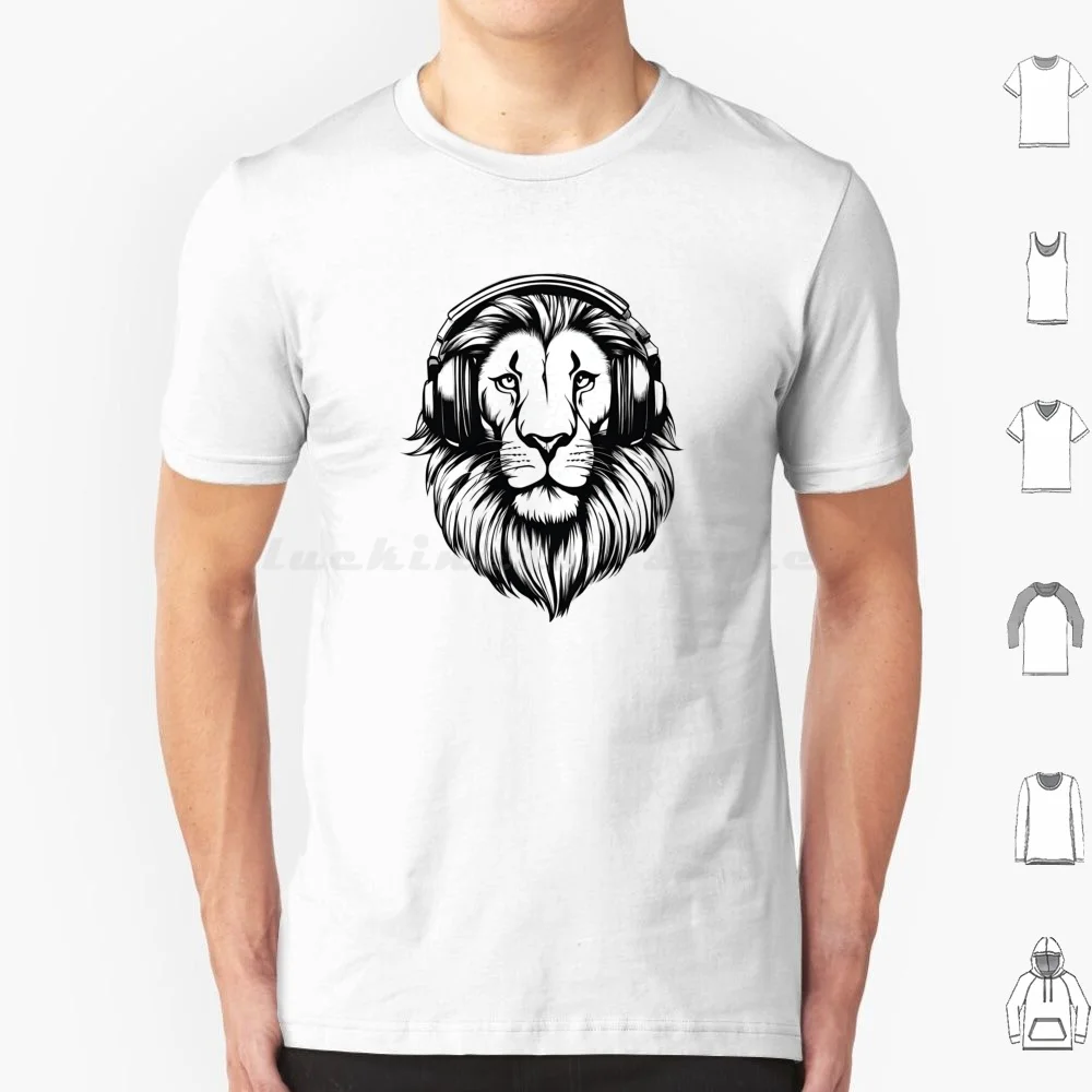 Cool Lion Big Cat In Headphones Listening To Music D08 T Shirt Cotton Men Women DIY Print Lion Cat Кот Лев Big Cat Headphones