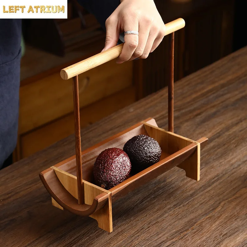 Portable Bamboo Carry Snack Basket Desktop Refreshment Box Dried Fruit Tray Storage Fruit Snack Basket Dessert Plate
