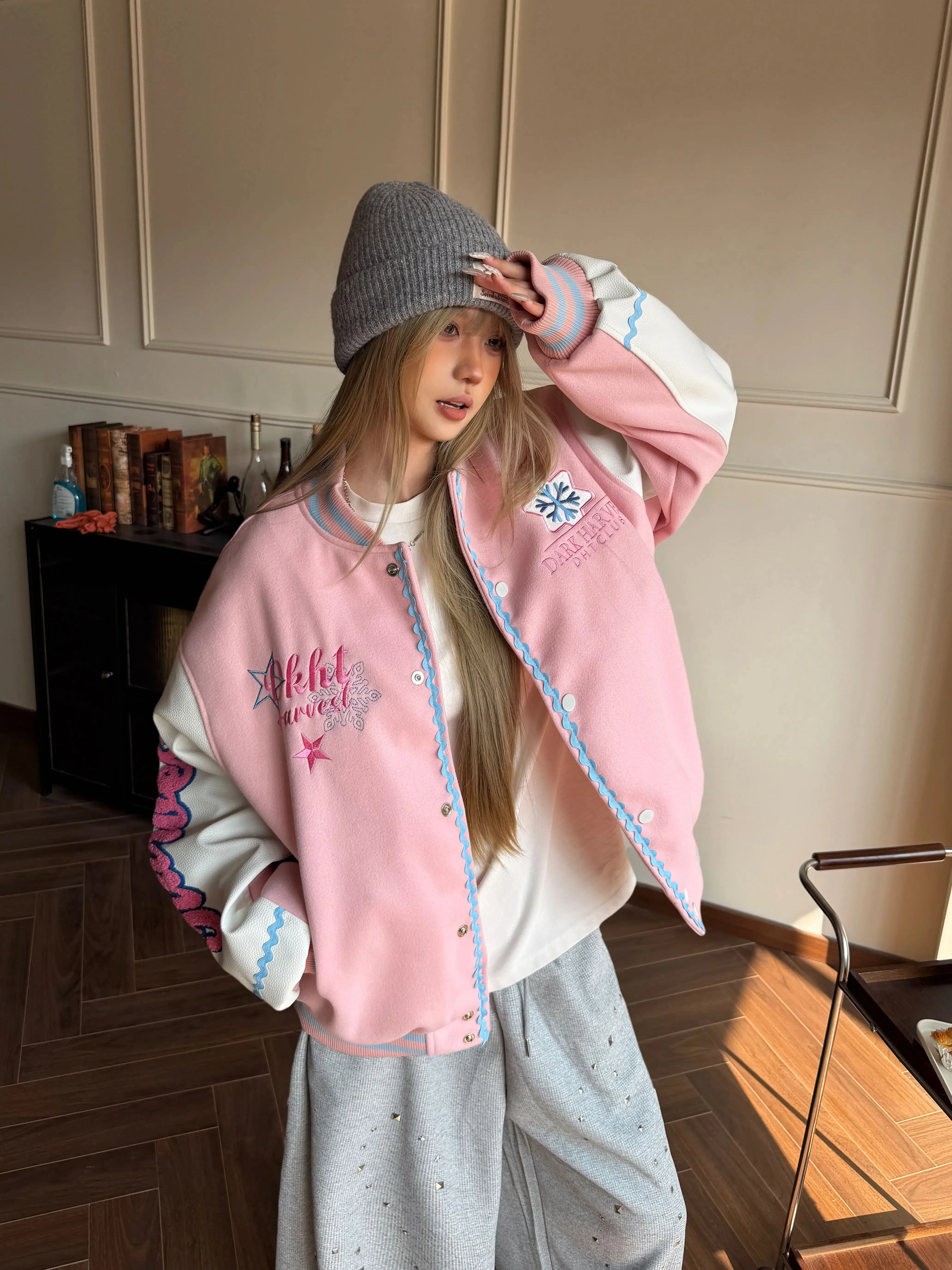 American Color Block Letter Snowflake Embroidery Baseball Jacket Women's Spring Autumn Loose Casual Jacket Trendy