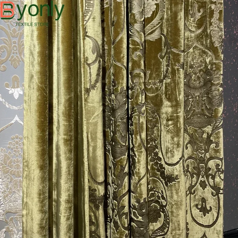 High End Gold Velvet Gilded Jacquard Curtains for Living Room Bedroom French Window Villa Customized Products