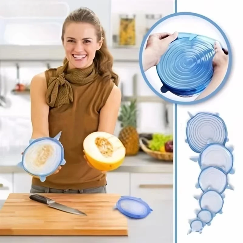 

6PC Silicone Cover Reusable Durable For Fresh Food Leftovers Keep Food Fresh Washable Cookware Bowl Microwave Stretch