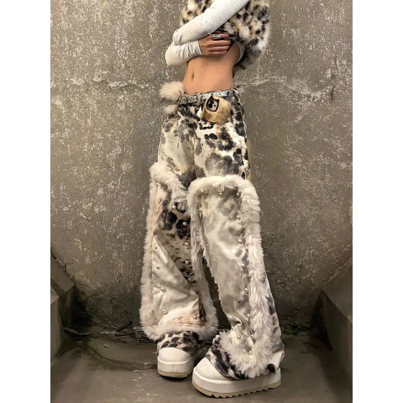 

Женские свободные джинсы с широкими штанинами, повседневные, с высокой талией, из хлопка, в стиле ретро, с американским леопардовым принтом и клетчатым узором, расклешенные