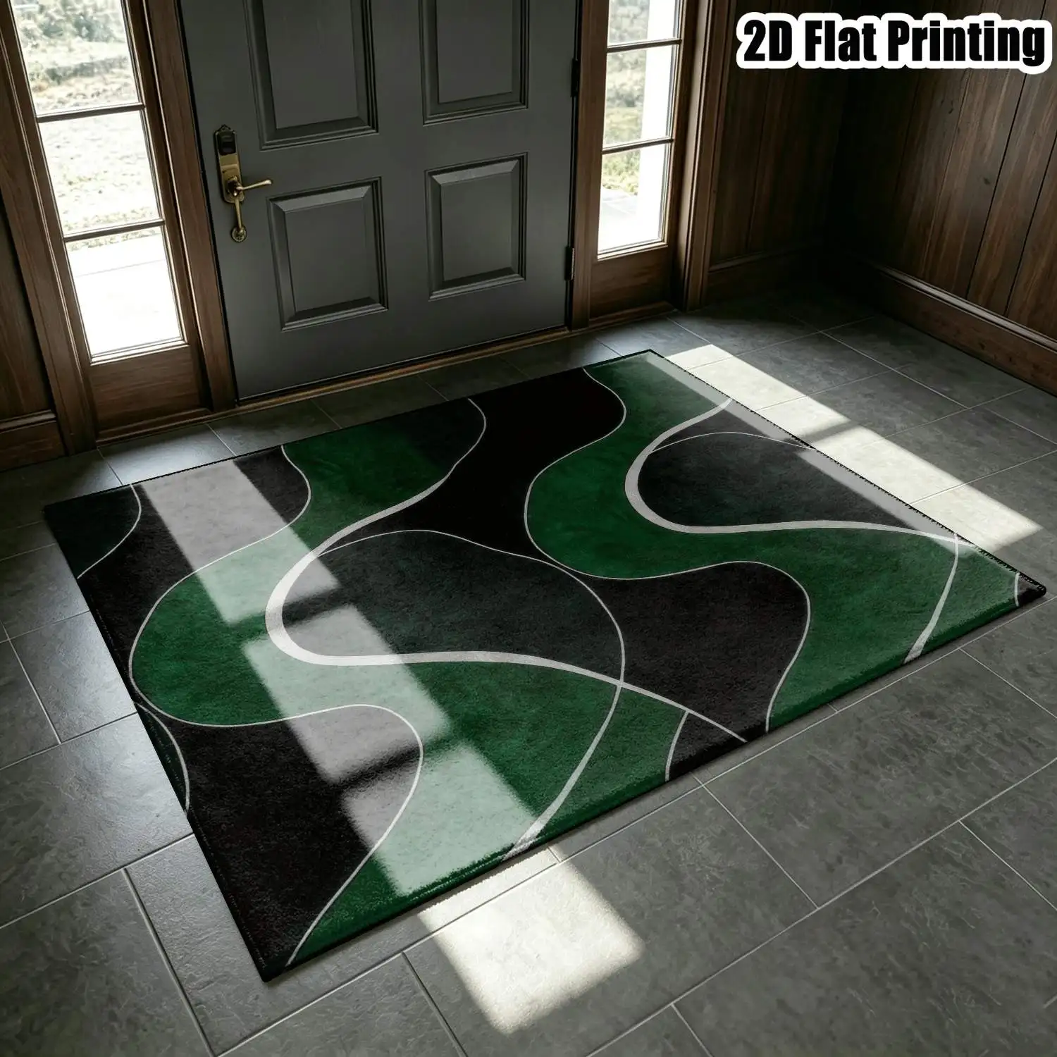 1Pc 2D Printed Carpet: Dark Green White Curved Abstract Art, Modern Minimalist Nordic Instagram Style Floor Mat, Geometric Line Home Decor, Machine Washable, Multi-Size, for Living Room, Bedroom, Dining Room, Entrance, Study