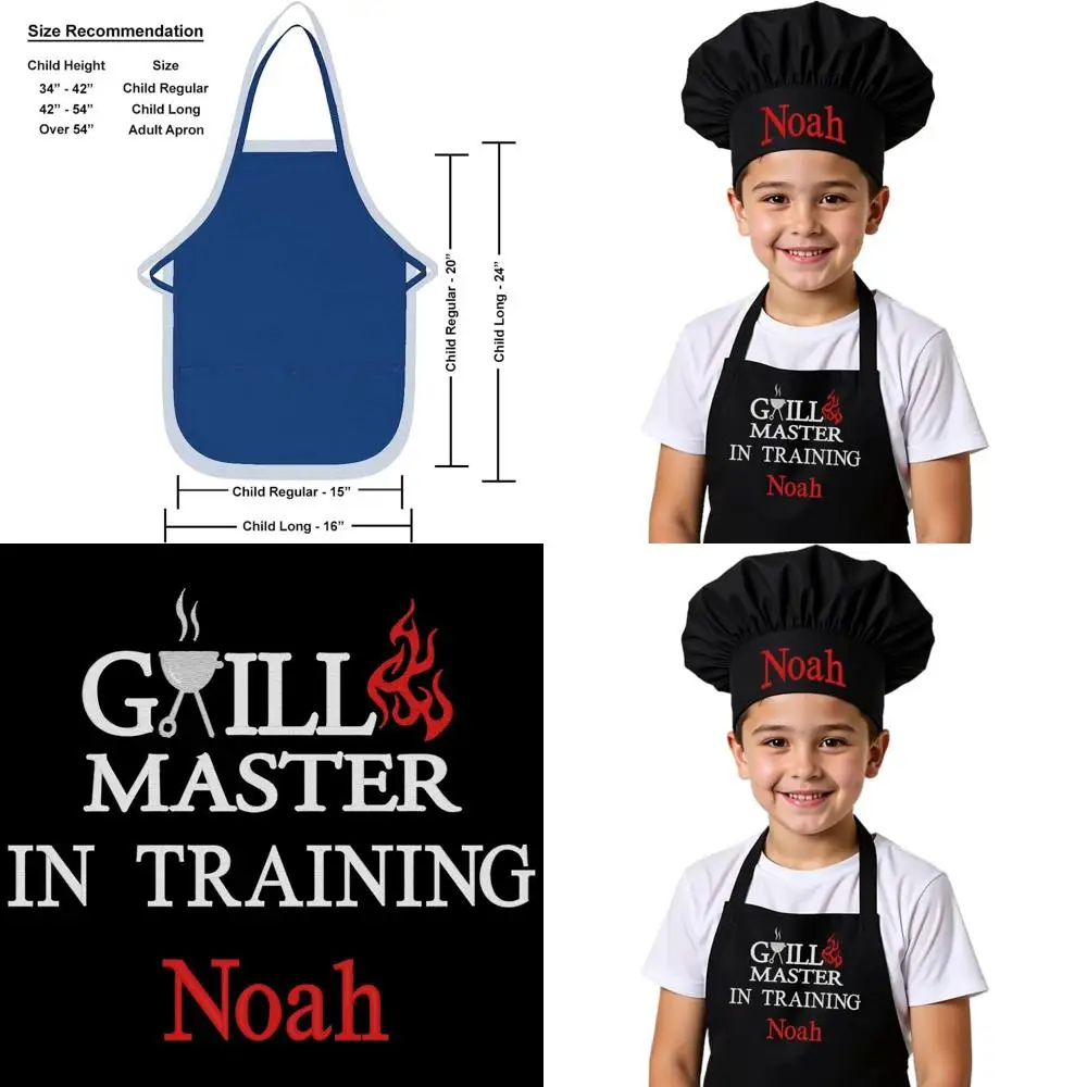 

Детский фартук и поварская шапка с индивидуальной вышивкой высокого качества для кулинарных занятий (обучение GrillMaster, стандартный размер)