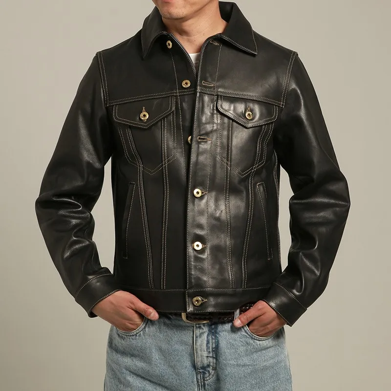 Vegetable-tanned oil wax cowhide leather men's lapel motorcycle real