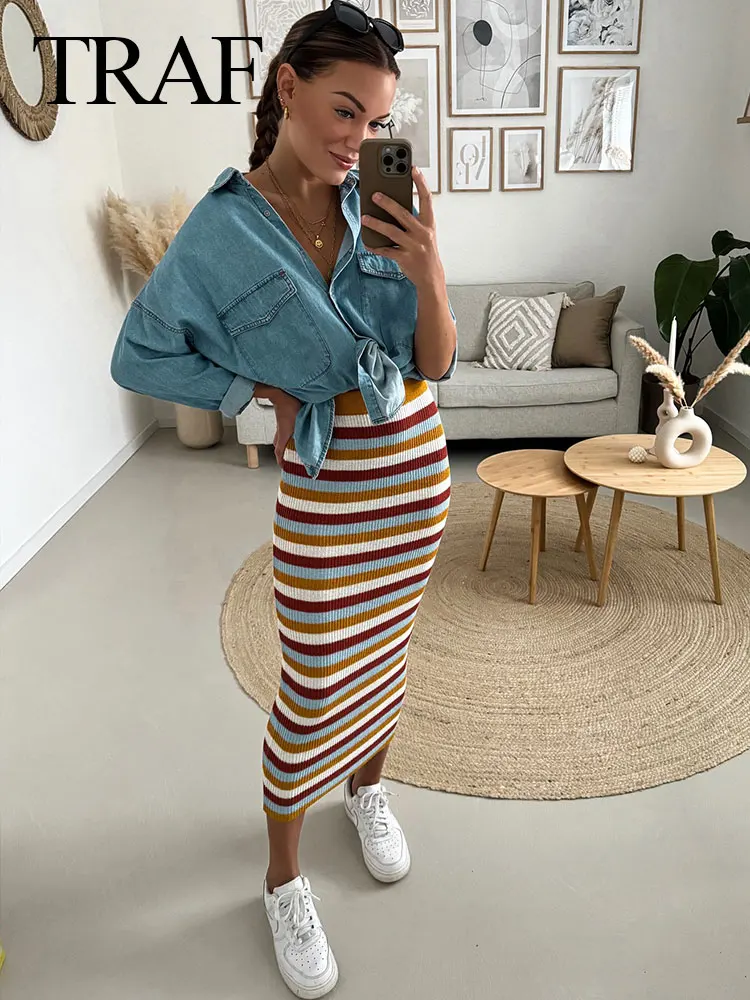 

TRAF Elegant Woman Casual Elasticity Knitted Skirt Women's Chic Stripe Color Matching High Waist Slim Long Skirt Streetwear