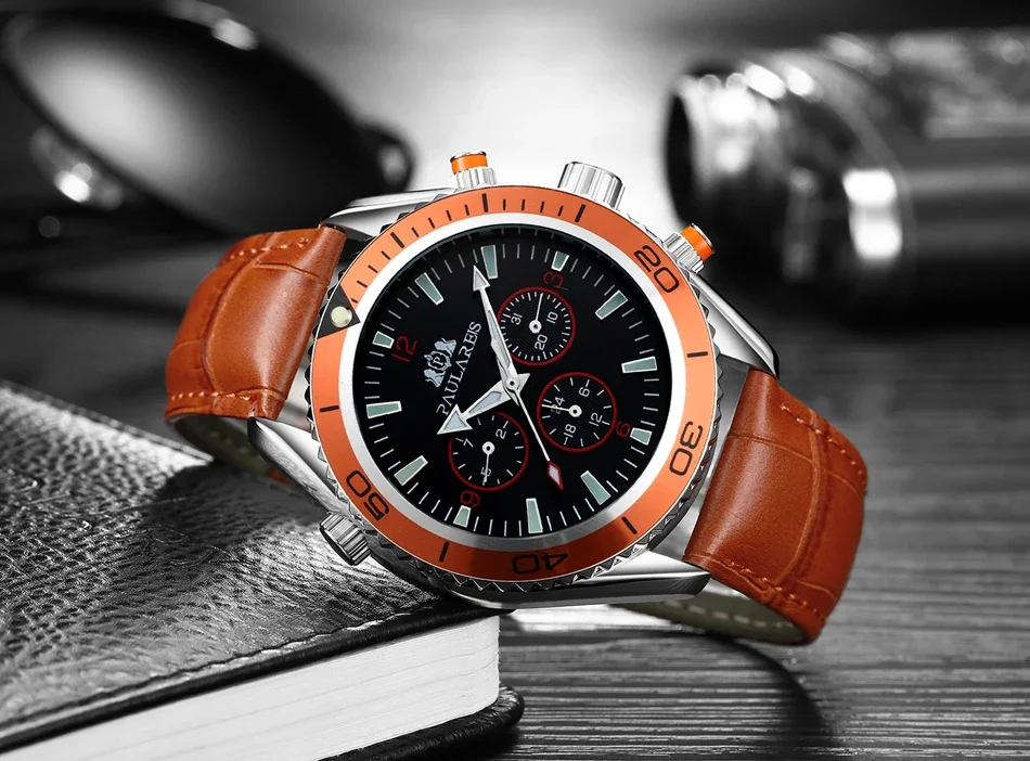 Men Automatic Self Wind Mechanical Orange Blue Black Leather Rubber Stainless Steel Strap Classic Watch