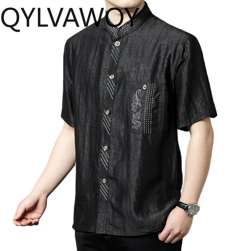 QYLVAWOY 100% Real Mulberry Silk Shirts for Man High Quality Short Sleeve Top Men Clothing Stand Collar Black Shirt streetwear