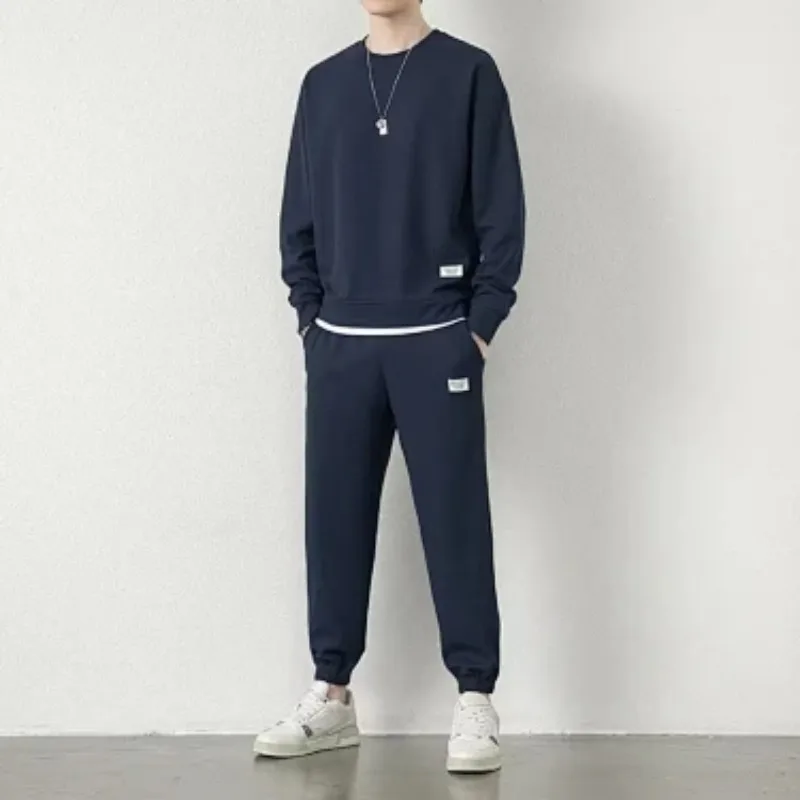 Conjunto Deportivo de Dos Piezas para Hombre, Tejido Waffle, Primavera-Otoño, Sudadera con Cuello Redondo y Pantalones Jogger, Tallas M-5XL