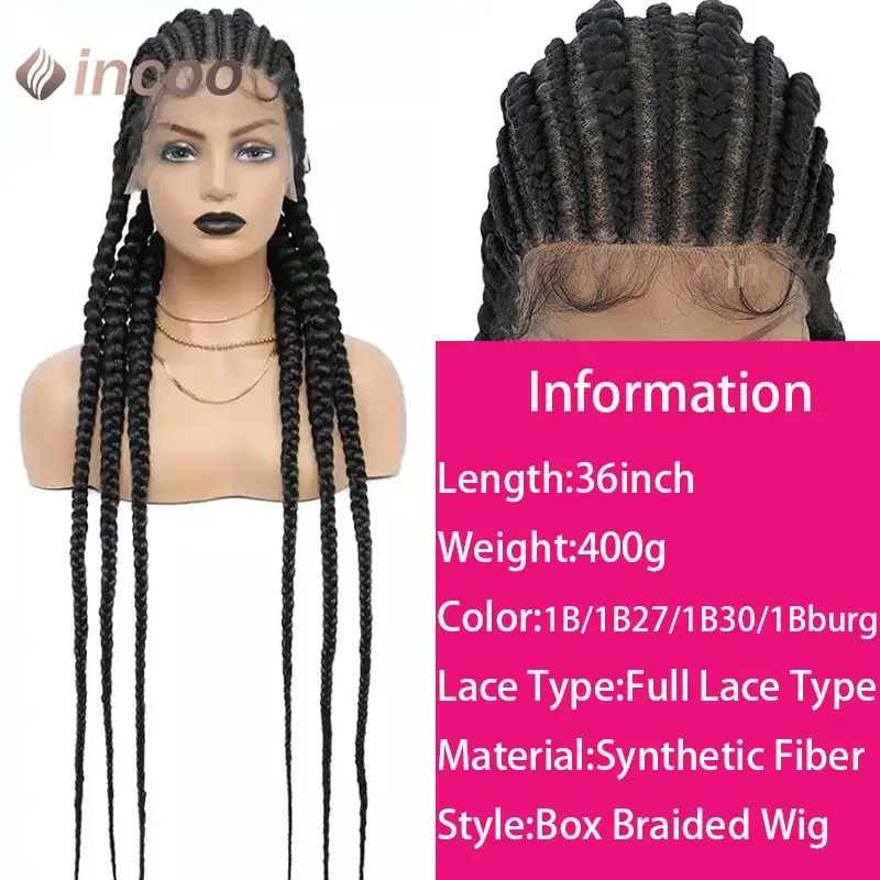 Sintético Full Lace trançado perucas para mulheres negras, Knotless Cornrow trançando perucas, Jumbo Box tranças peruca, 36"