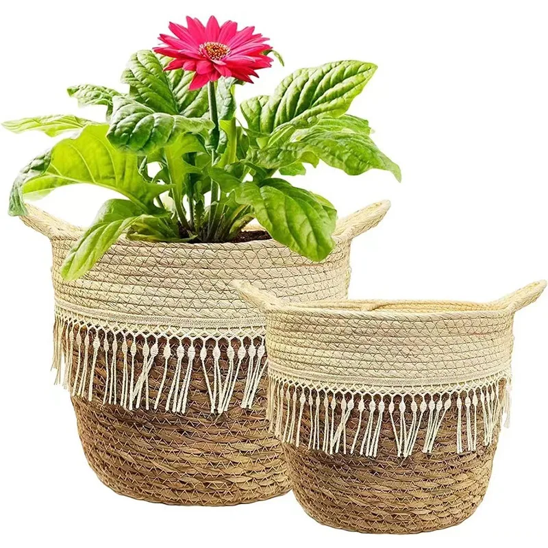 Pastoral style straw flower pot hand-woven flower basket Nordic living room interior decoration simulation tiger skin orchid gre